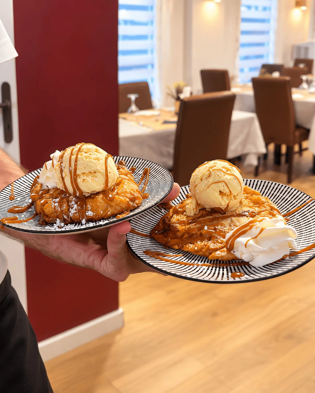 Deux desserts servis avec glace vanille, caramel et chantilly dans la salle de La Fusion